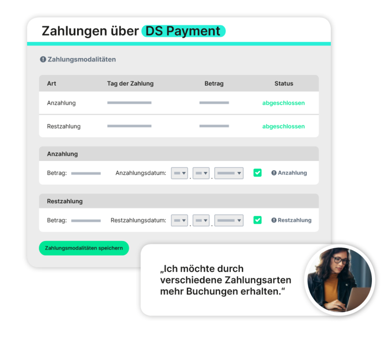 Vereinfachte Darstellung mit dem DS Payment für einen einfachen Überblick über die Zahlungsabläufe.