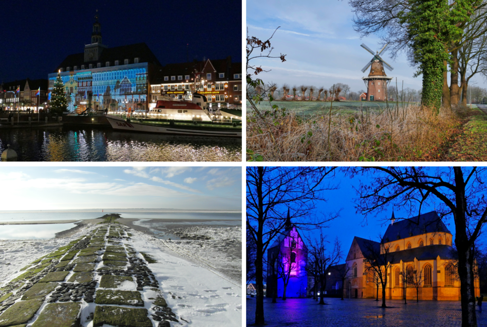 Collage aus vier Bildern, die Ostfriesland im Winter zeigen