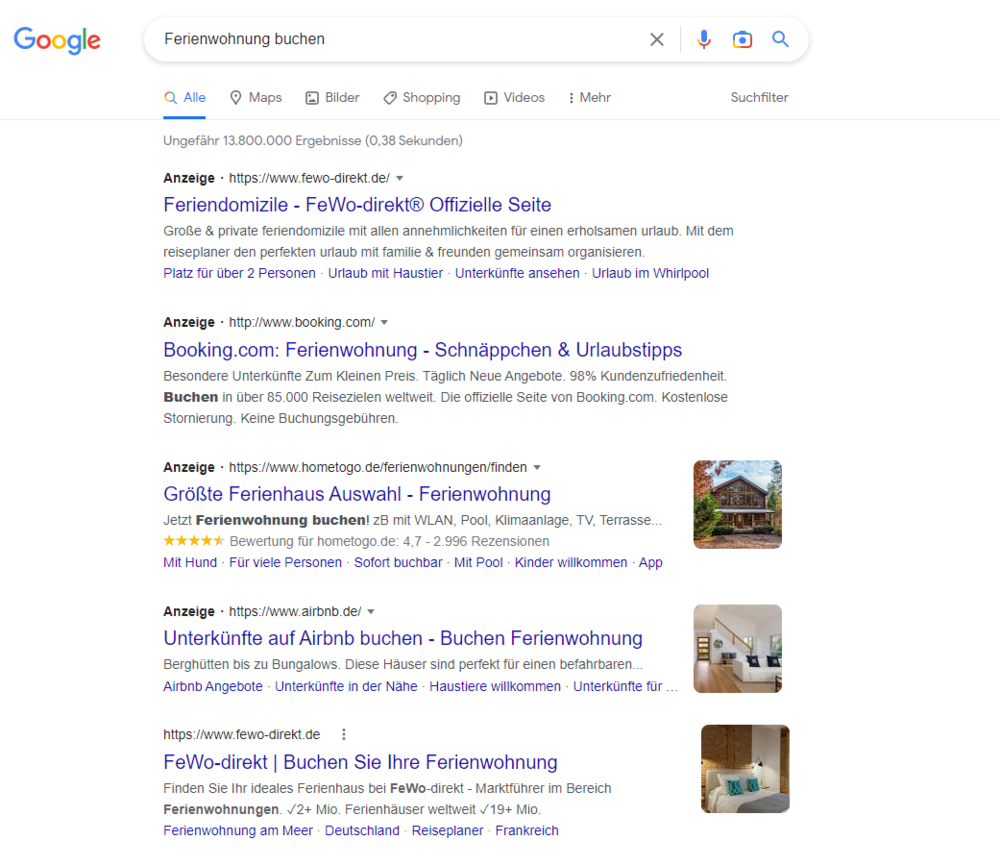 Screenshot einer Google-Suche nach dem Keyword "Ferienwohnung buchen"